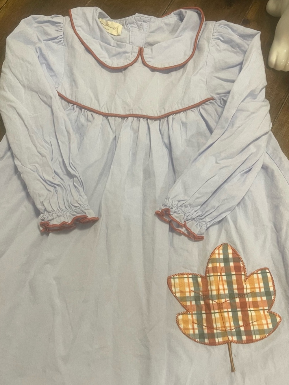 Light Blue Long-Sleeve Girls Nightgown with Plaid Leaf Appliqué